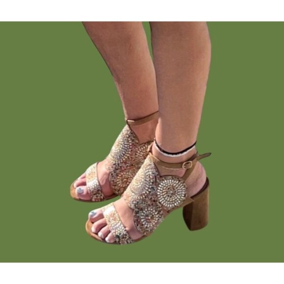 New Size 8 Venus Embellished Block Heels Beaded Ankle Strap Boho Sandals - Picture 8 of 8